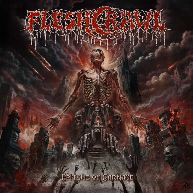 Album cover for Fleshgod Apocalypse's 'Epitome of Carnage': a towering skeletal figure rises from a ruined, skull-filled mausoleum amid fire and ash.