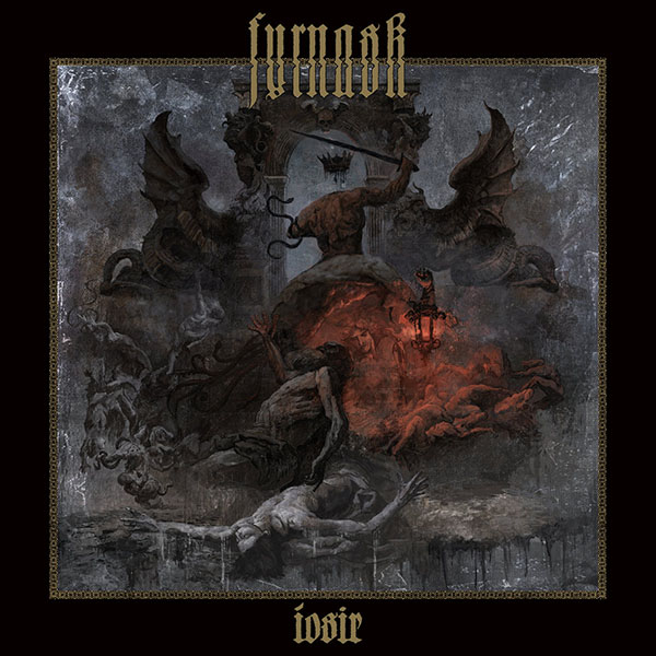 Dark fantasy album cover: winged demons loom above a fiery, hellish scene while a figure is frozen/laid in the foreground, framed by ornate borders and gothic text at top and bottom.