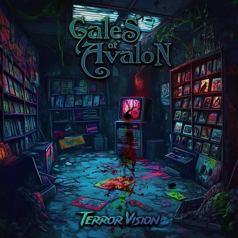 Album cover for 'Gales of Avalon: Terror Vision' depicting a dark, cluttered video store with blood on the slime-covered floor and a red CRT TV in the center.