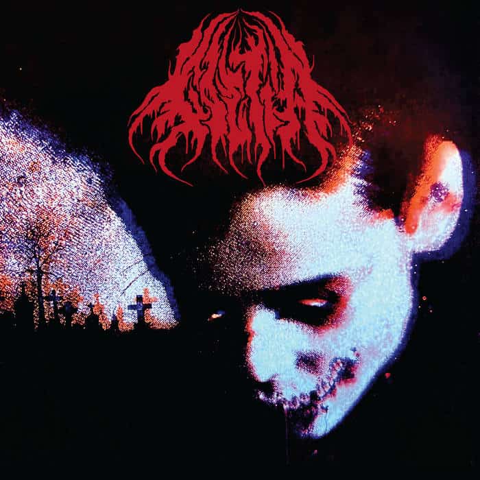 Haunting album-cover style portrait: blue-tinted face with red graphic hair, a graveyard silhouette in the background.
