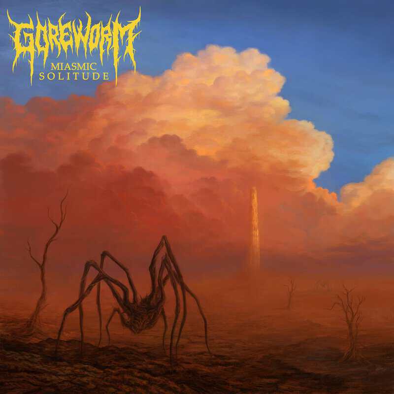 Album cover: a barren desert landscape with a dark spider-like creature, orange haze, blue sky, and a glowing vertical pillar; yellow band logo in the top-left.