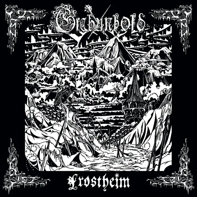 Black-and-white album cover with a highly detailed fantasy landscape: jagged mountains, tents, a tower, and ornate border scrollwork at edges; band name at top, title at bottom.