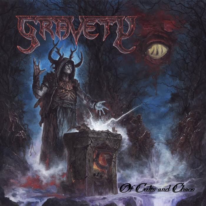 Album cover art: a hooded, horned figure raises hands over a stone altar in a dark, misty forest; the band name is at the top.