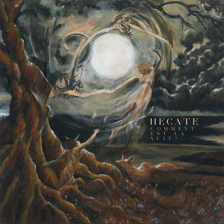 Dreamlike painting: a bright full moon surrounded by swirling dancers over a dark landscape, with bare trees and a wolf in the foreground.