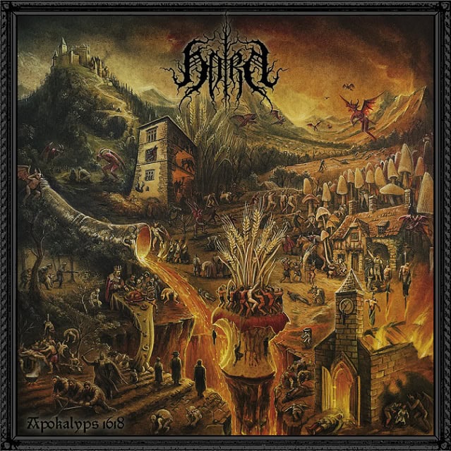 Album cover art of a hellish landscape with lava rivers, ruined buildings, a castle on a hill, skeletal figures, and a fiery central pillar; bottom left reads 'Apokalyps 1618'.