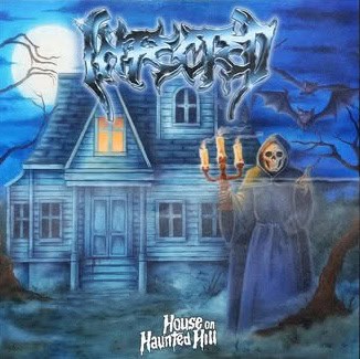 Spooky blue illustration of a haunted house at night with a hooded Grim Reaper holding a candle, bats flying, and the album title 'House on Haunted Hill' displayed at the bottom.