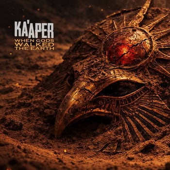 Ornate golden mask half-buried in reddish desert sand, with the text 'Käper: When Gods Walked the Earth' in the upper left.