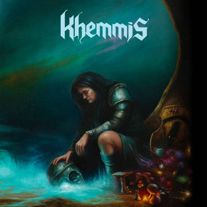 Fantasy illustration of a figure in armor kneeling beside a glowing pool, helmet in hand