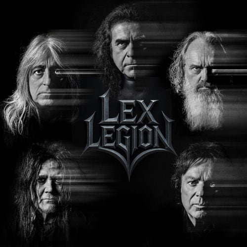 Lex Legion promotional photo with five band members surrounding a central metallic logo.