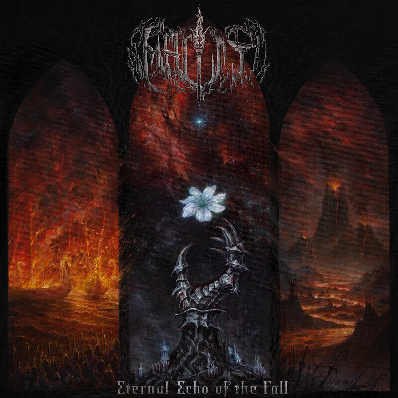 Album cover for Eternal Echo of the Fall: a dark central spiked structure with a white lotus above, flanked by fiery lava-filled arches on both sides.