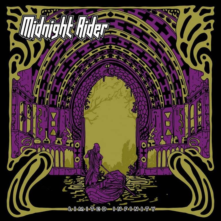 Album cover for Midnight Rider: purple-and-gold archway with a boatman rowing toward a glowing yellow-green doorway, 'Limited Infinity' at bottom.