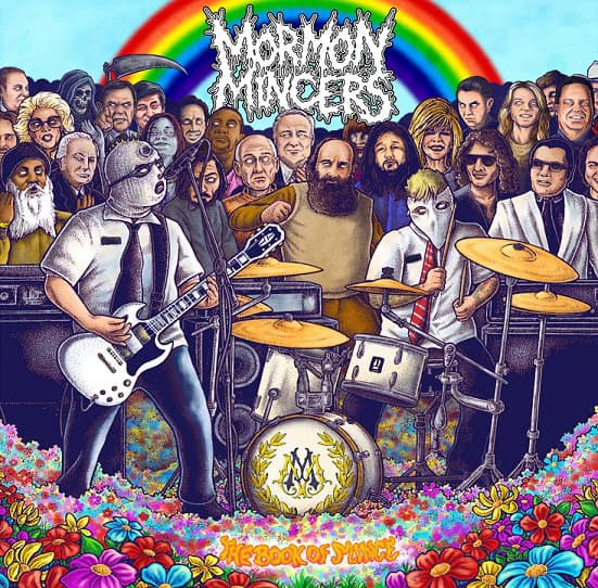 Illustrated rock band performing on a flower-filled stage under a rainbow, with animal and human musicians and a cheering crowd behind them.