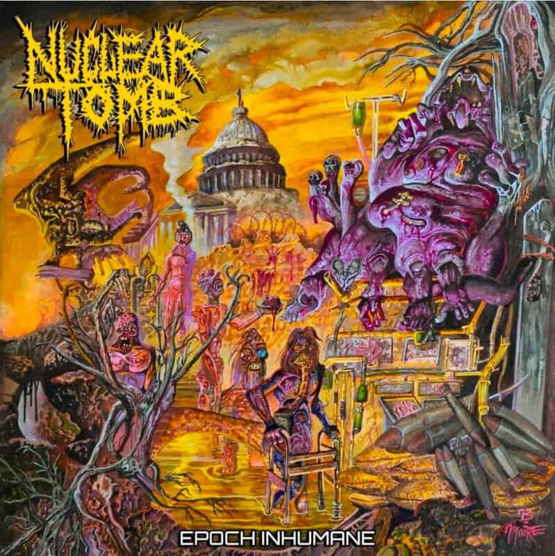 Album cover for Epoch Inhumane: fiery apocalyptic scene with a colossal purple monster, ruined cityscape, and the Capitol dome in the background.