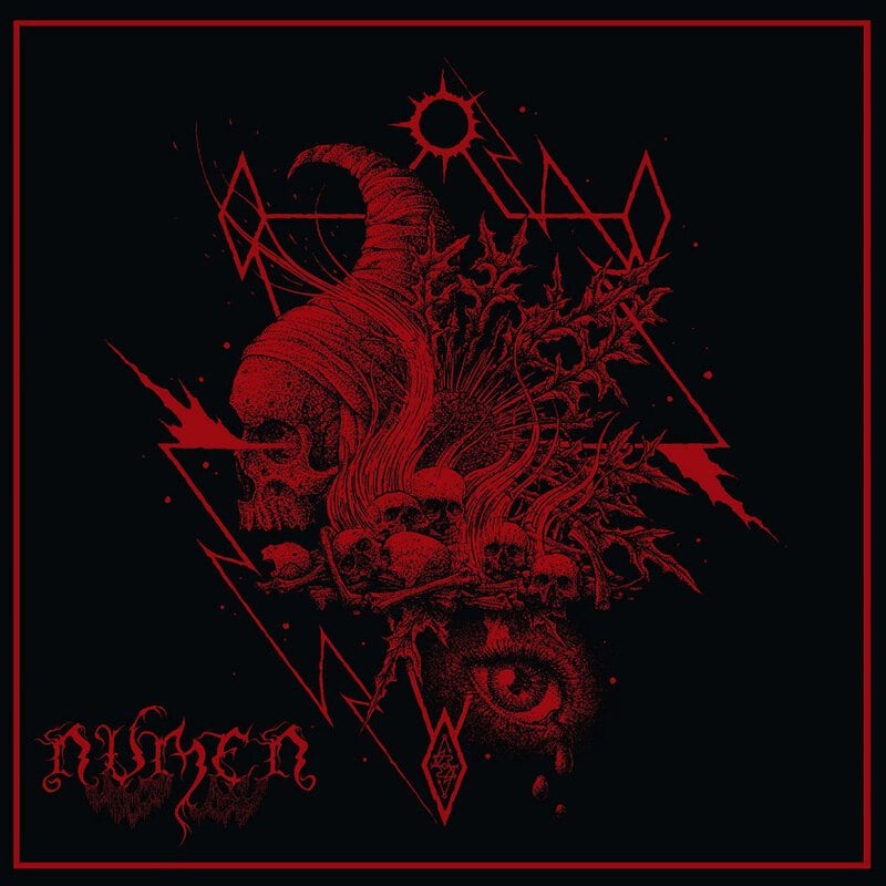 Intricate red metal album cover with skulls, an eye, and geometric shapes on a black background framed by a red border