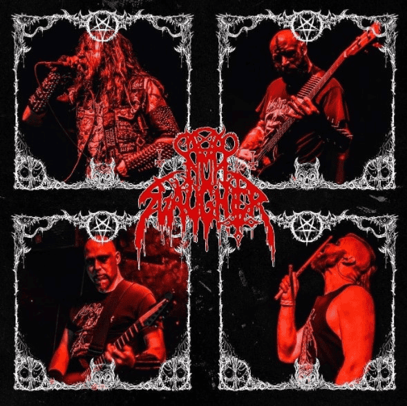 Quad-panel collage of a death metal band performing on stage under red lighting, with ornate border frames and a central logo. 23 characters