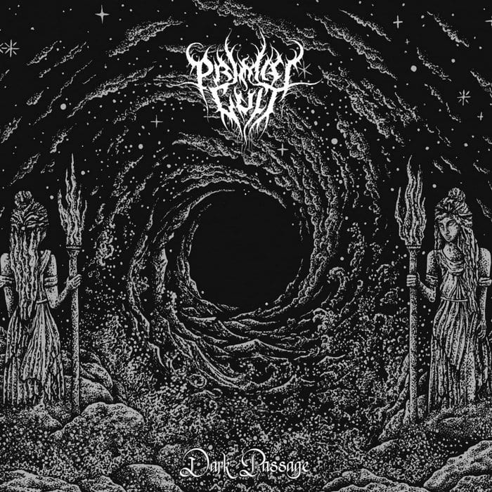 Album cover in black and white showing a swirling dark tunnel between two robed torchbearers, with a decorative band logo above and 'Dark Passage' at the bottom.