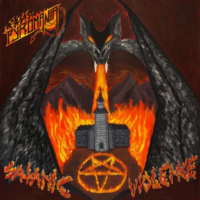 Illustrated metal album cover: a dark dragon arches over a burning fortress, with a glowing pentagram on the ground in front.