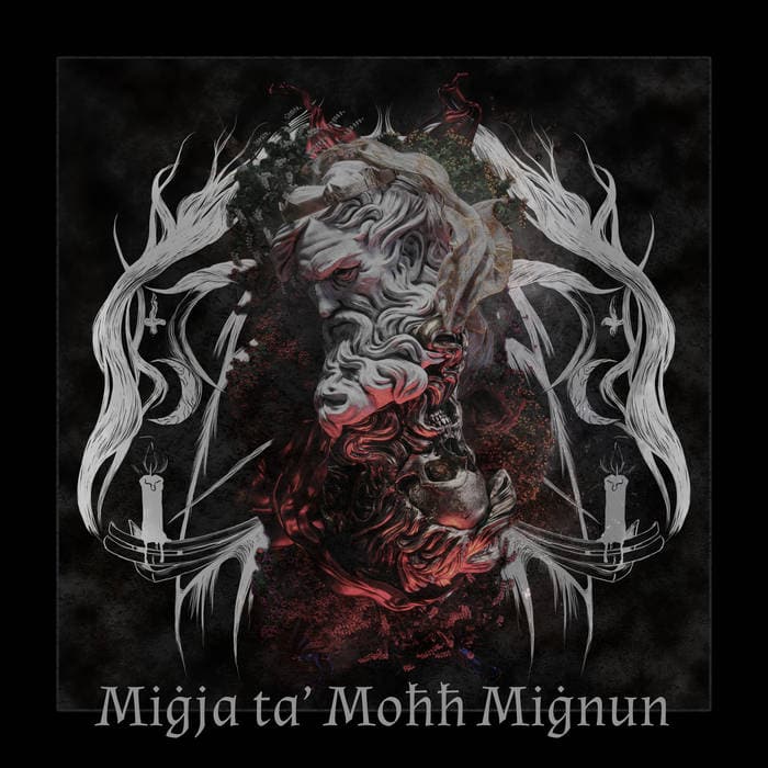 Album artwork: a dark, surreal carved bearded figure with white swirling wings, red-tinged shadows, two candles on either side, and album title text at the bottom.