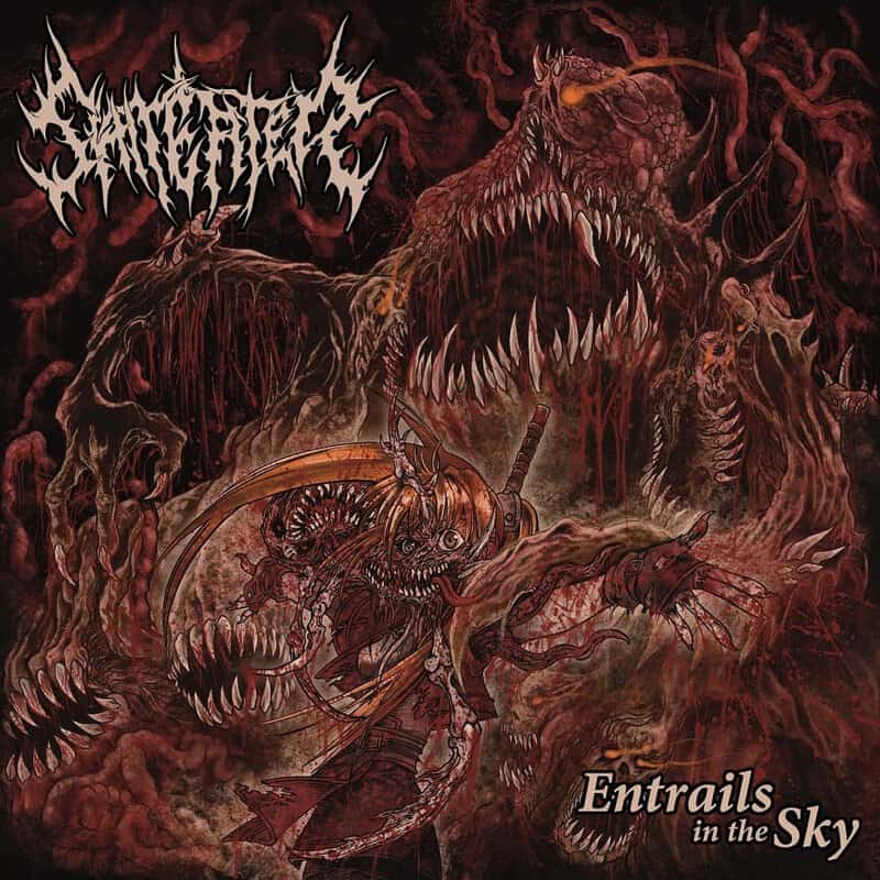 Dark, blood-red horror-themed album cover featuring a skeletal warrior with a curved blade fighting a colossal, toothy monster amidst twisting tendrils; title 'Entrails in the Sky'.