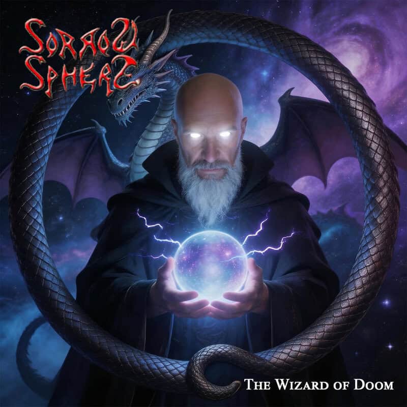 Wizard with glowing eyes holding a glowing crystal sphere, encircled by a coiled dragon, dramatic cosmic backdrop — The Wizard of Doom (cover art)