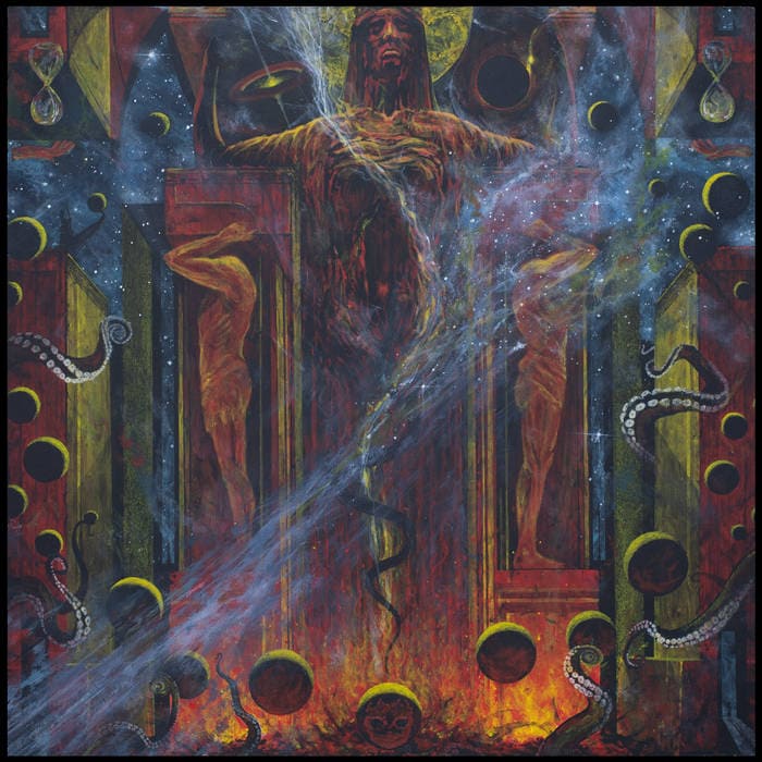 Dark fantasy illustration of a colossal throne-figure towering over fire, surrounded by orbs, tentacles, and a cosmic background.