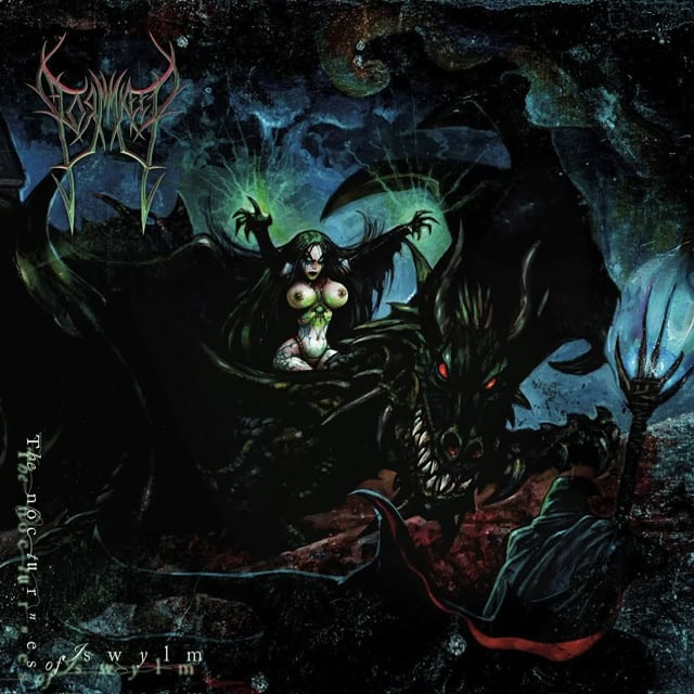 Dark fantasy scene: a black dragon with red eyes lunges toward a hooded figure as a green-glowing, topless female demon looms behind in a dark cavern.