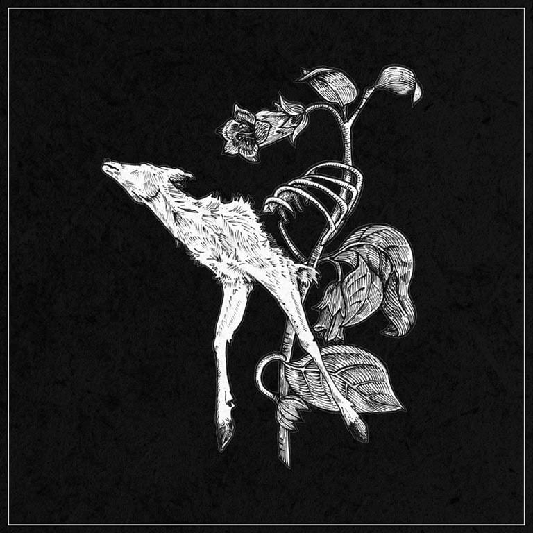 White line drawing of a leaping deer entwined with a twisting vine and flower on a dark background, framed by a light border.
