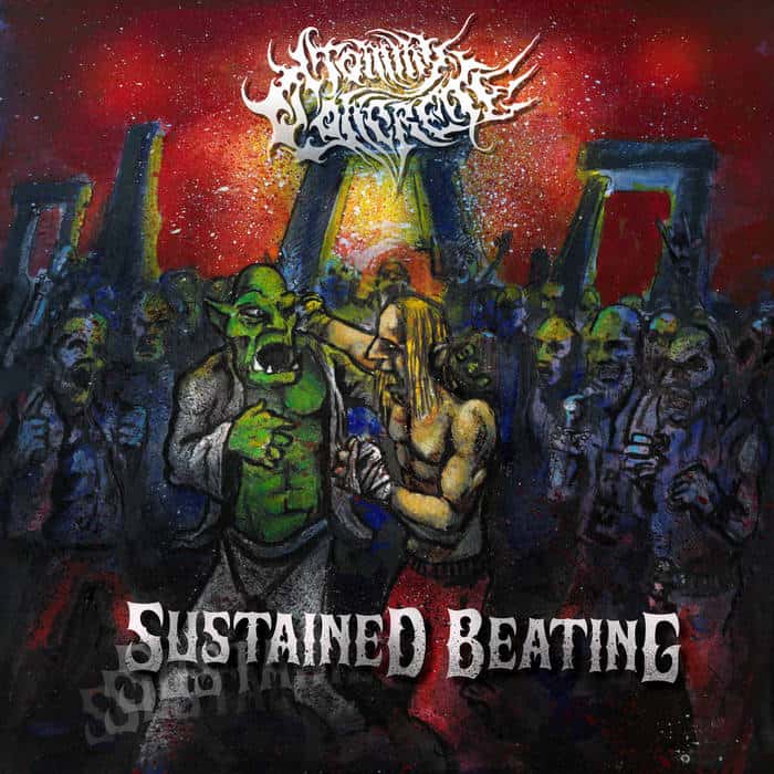 Album cover: a green ogre is restrained by a shirtless figure in a chaotic crowd, with a fiery red backdrop and stylized band logo above and 'SUSTAINED BEATING' at the bottom.
