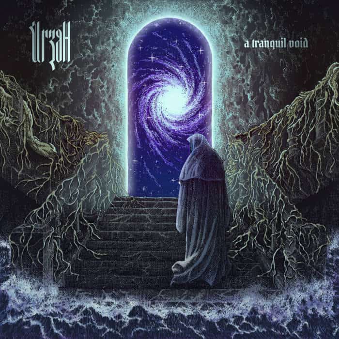 A hooded figure in a robe approaches a glowing arched portal that reveals a swirling galaxy, set in a rocky cavern with twisted roots.