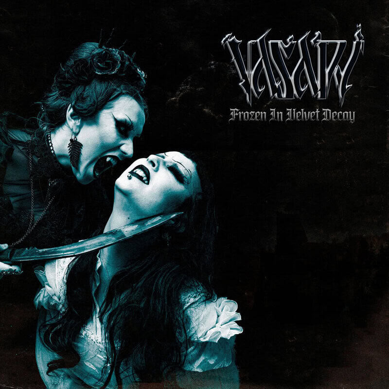 Gothic album cover: a woman with long dark hair leans back as a clawed, snarling figure holds a curved blade to her neck; teal lighting and a band logo with the title 'Frozen In Velvet Decay' appear in the top right.
