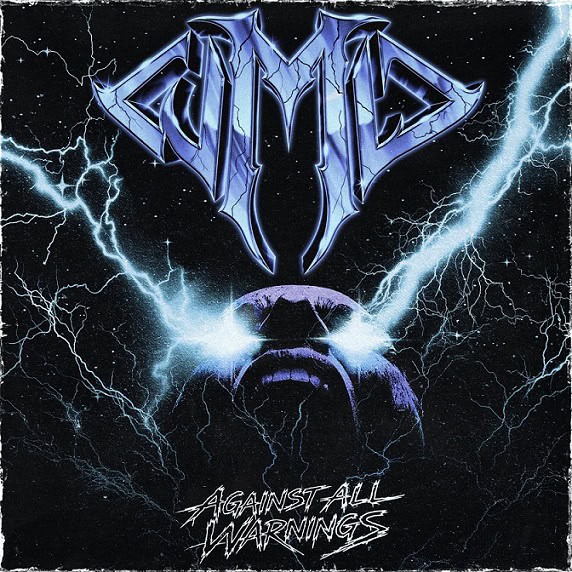 Album cover: dark space scene with blue lightning, a central purple rock face, and a metallic band logo above; 'Against All Warnings' at bottom.