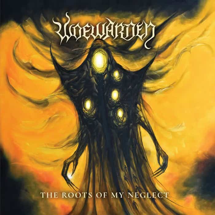 Album cover: a dark, tree-like figure with glowing orbs, set against a fiery yellow background; title The Roots of My Neglect, by Unknown (band name at top).
