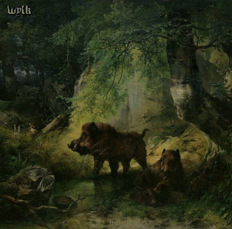 Two wild boars stand by a mossy stream in a dense, green forest with dappled light filtering through the trees (a painting-style scene).