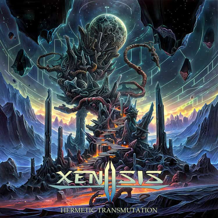 Epic sci‑fi fantasy album cover: a towering jagged fortress, a colossal tentacled creature overhead, with neon hues and the title Xenosis Hermetic Transmutation.
