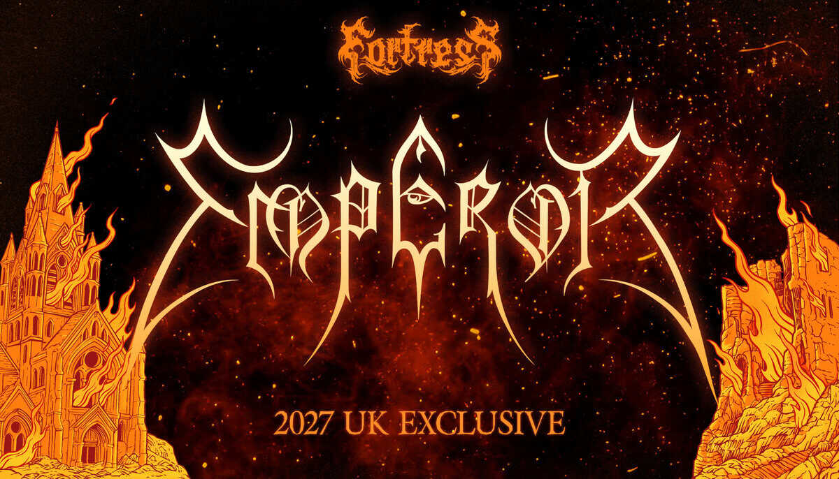 Promotional banner for a heavy metal band: fiery orange and black background with ornate, jagged logo at center, left and right silhouetted cathedral ruins in flames, and the text '2027 UK EXCLUSIVE' at the bottom.