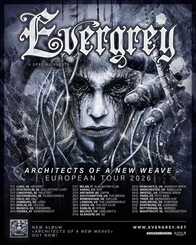 Evergrey European Tour 2026 poster with a monochrome portrait and dramatic strings, titled 'Architects of a New Weave'