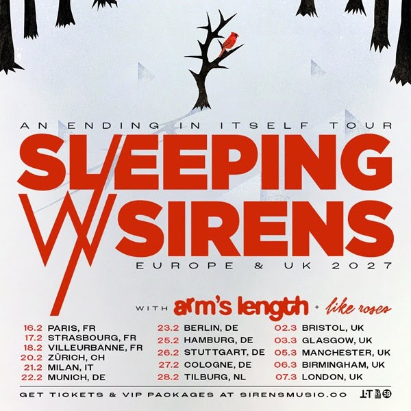Concert tour poster for Sleeping With Sirens (Europe & UK 2017) with bold red typography and a list of tour dates by city beneath the band name, depicting a wintery forest design in the background.