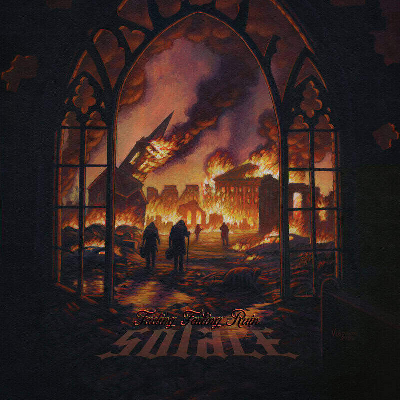 Gothic arch frames a burning town with flames and smoke; silhouetted figures walk toward the ruin—album cover art.