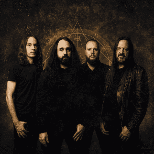 Portrait of four male metal band members standing side by side in black outfits against a dark, starry backdrop with a geometric symbol behind them.