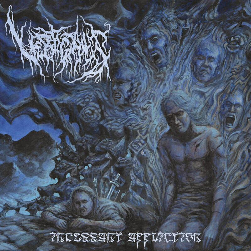 Album cover: blue-tinted surreal scene with tormented figures, a central muscular man, jagged white logo top left, and album title at bottom.